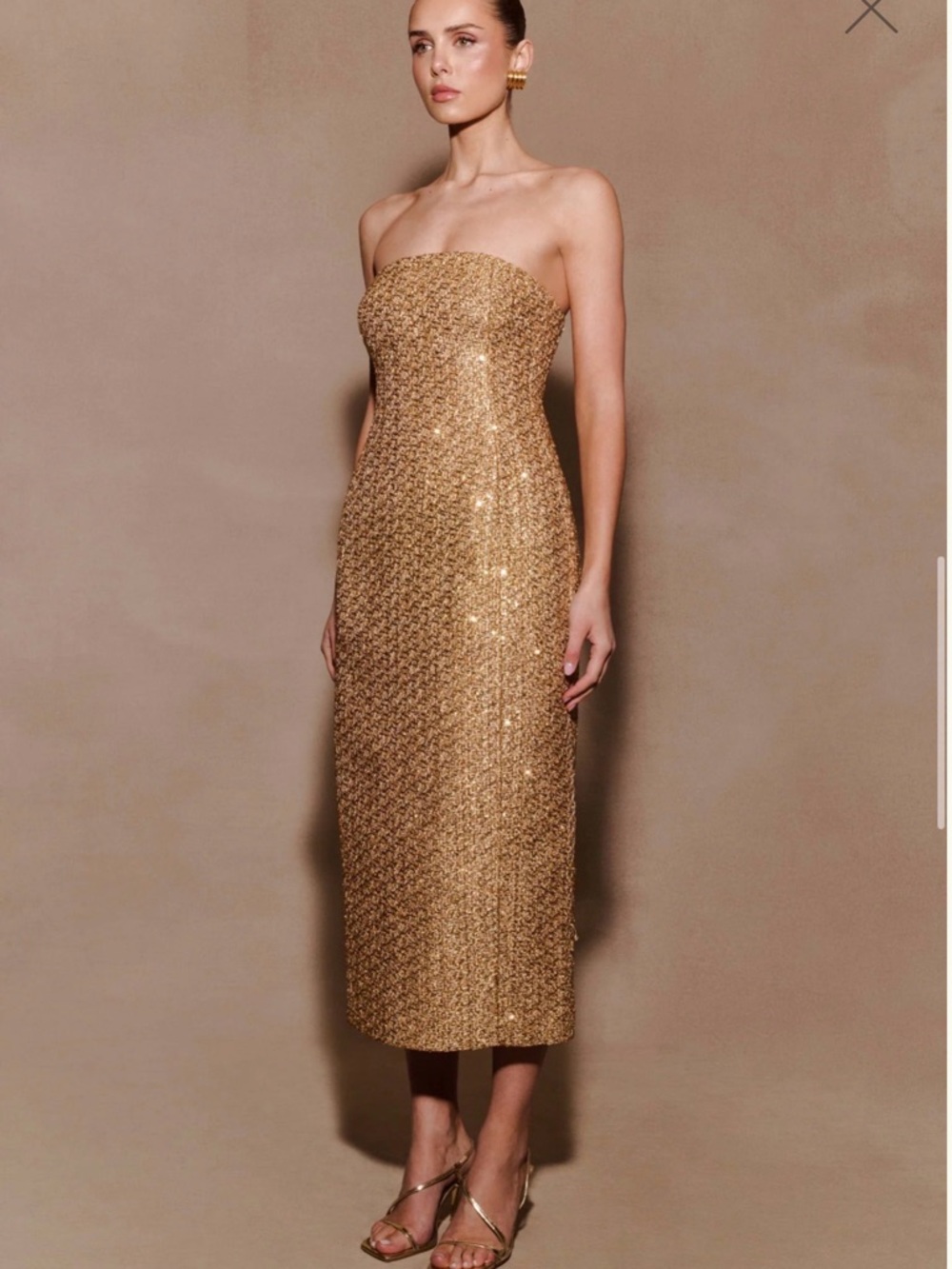 New Meshki Strapless Gold Sequin Midi Dress - Picture 6 of 7